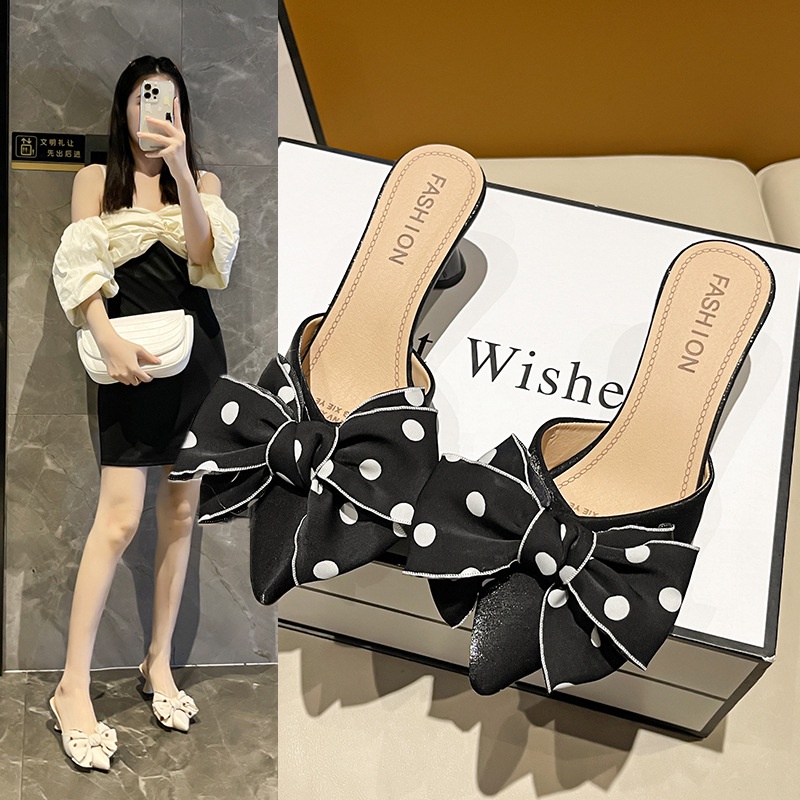 Dép Gót Dày Mũi Nhọn Đính Nơ Thời Trang Mùa Hè 2022 Cho Nữ