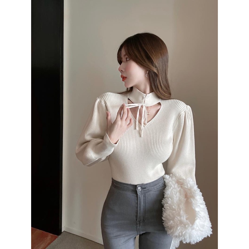 Áo Len Bằng Vải Dệt Kim Tay Phồng Dài Cổ Chữ V Thời Trang Hàn Quốc Sành Điệu Cho Nữ