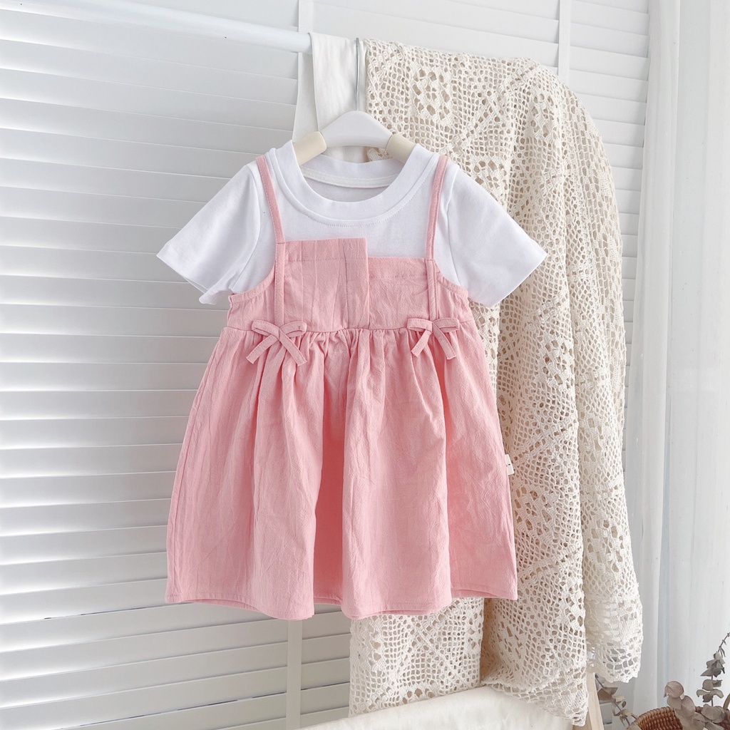 Váy hè cộc tay giả yếm nơ eo cho bé gái 8-21kg (1-5 tuổi