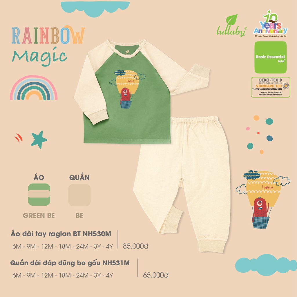 Bộ dài tay cotton mỏng Lullaby họa tiết cho bé trai NH530M (mới)