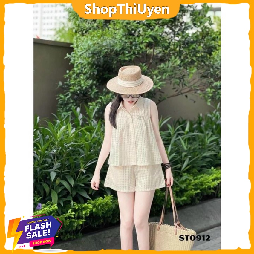 Set bộ đi chơi nữ chất vải xô cao cấp 2 lớp áo kiểu sơ mi không tay mix quần short