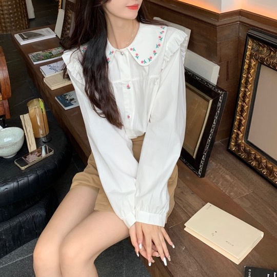 ZHELIHANGFEI Áo Sơ Mi Tay Phồng Cổ Búp Bê Thêu Họa Tiết Phong Cách Preppy Nhật Bản Dễ Phối Đồ