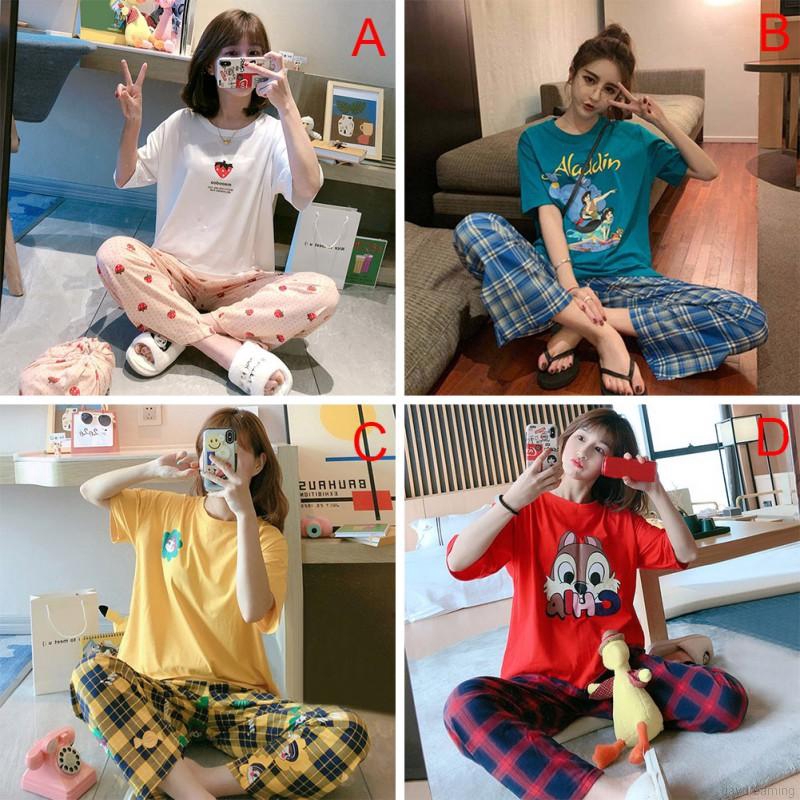 Bộ Đồ Ngủ Tay Ngắn Vải Lụa Sữa In Họa Tiết Hoạt Hình Dễ Thương Thời Trang Mùa Hè Dành Cho Bạn Nữ Mặc Tại Nhà