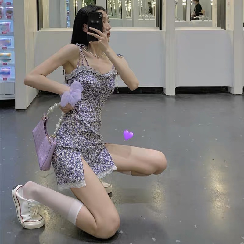 SẴN🎀Đầm ulzzang hai dây hoa cúc nhí phối ren xẻ đùi sexy mặc nhiều kiểu| Đầm tím hoa cúc bánh bèo sexy đuôi cá hot