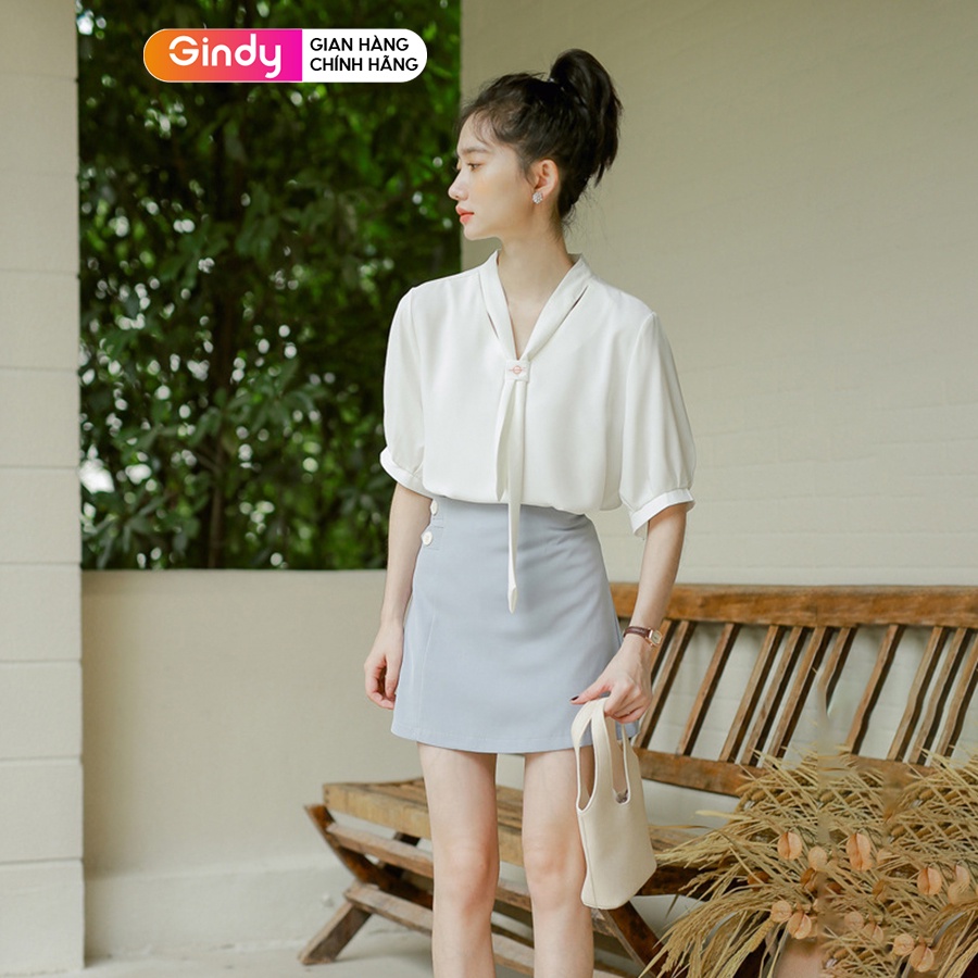 Áo sơ mi nữ lụa tay lửng cố phối dây GINDY trơn dáng basic sơmi công sở, sơmi sinh viên thời trang nữ A11124