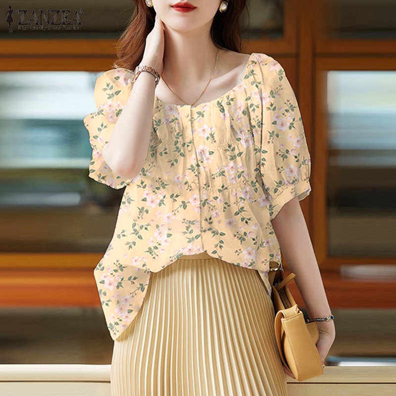 Áo Zanzea kiểu tay phồng in họa tiết hoa phong cách Hàn Quốc dành cho nữ