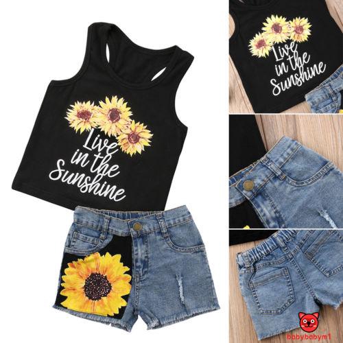 ☽&amp;✰2pcs Toddler Baby Girl Clothes Romper T-shirt Top+Denim Short Pants Kids Outfits Set