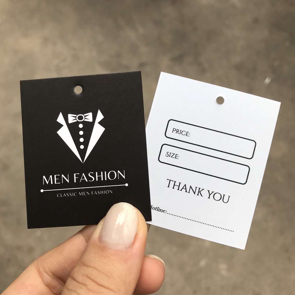 100 cái Tag Quần Áo, Mác Treo Quần Áo, Thẻ Treo Thời Trang nam, Men fashion, Size 4x5.4cm Có Đục Lỗ , Chất Liệu C300