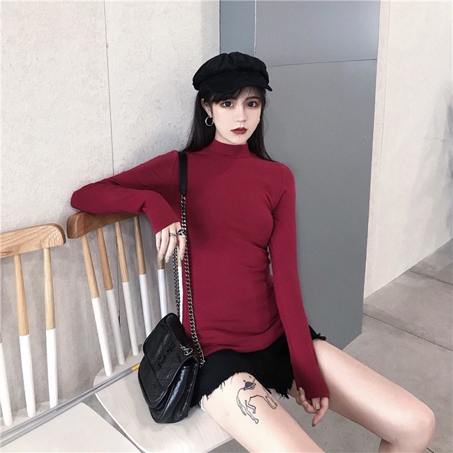 Áo dài tay ulzzang áo cotton nữ cổ cao nhiều màu đen trắng nâu trơn | BigBuy360 - bigbuy360.vn