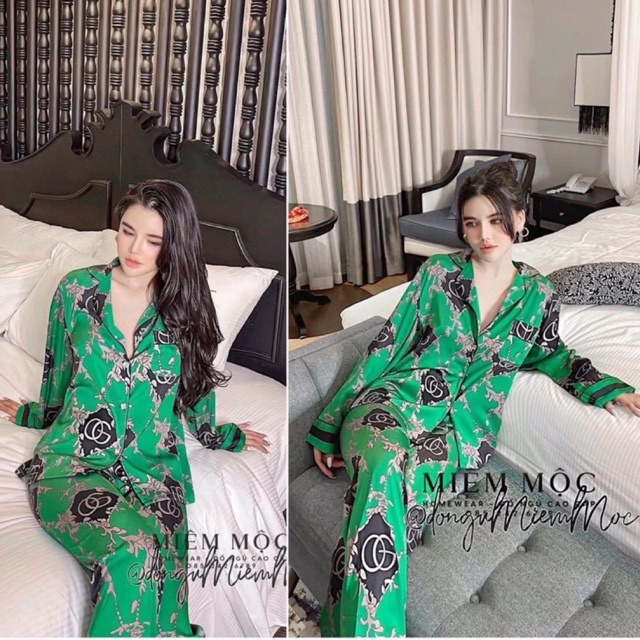 PIJAMA DÀI TAY LEI OG XANH, NÂU LỤA SATIN CAO CẤP QC.