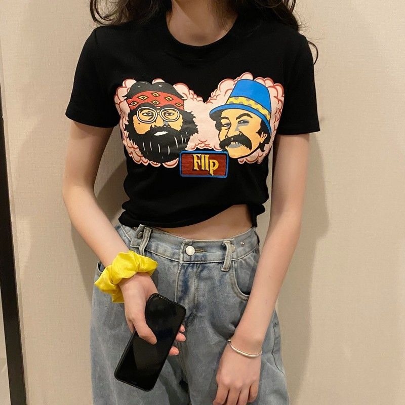 Áo Thun Lửng Ngắn Tay In Họa Tiết Dễ Thương