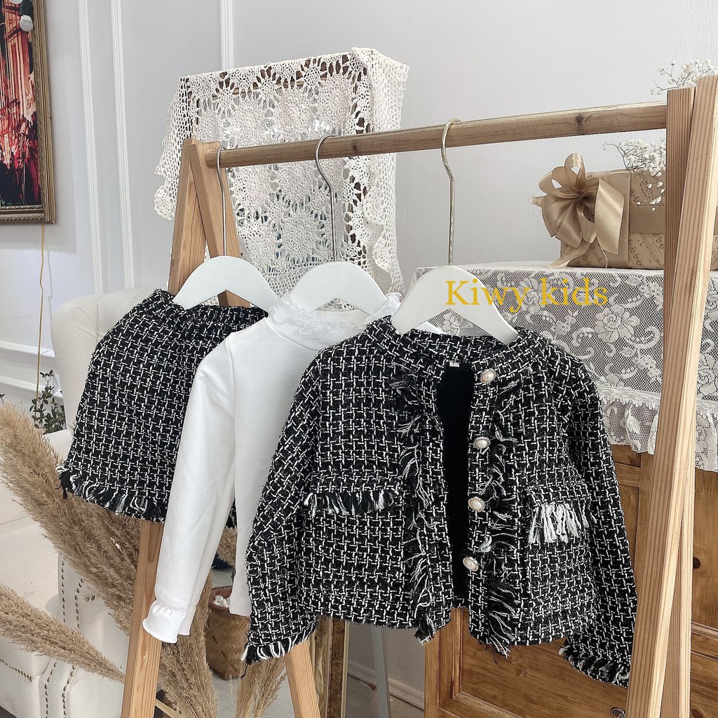 Set dạ bé gái Kiwy Kids chất liệu dạ Tweed sành điệu gồm áo khoác, chân váy và áo thun Kids55-73 cho bé từ 1 đến 8 tuổi