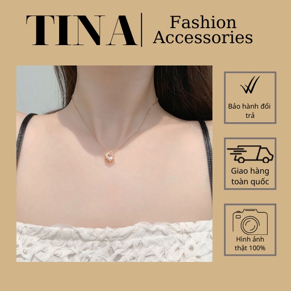 DC002 Dây Chuyền Nữ Hình Khối Vuông Lồng Đá Nhân Tạo, Vòng Cổ Mạ Vàng Si Cao Cấp TINASHOP Nữ Trang Phong Cách Quý Phái