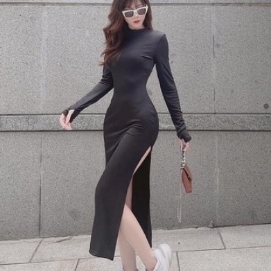 Đầm body tay dài xẻ tà 2 bên tay xỏ ngón, Váy ôm Body