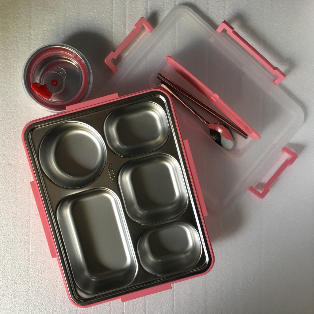 Hộp cơm inox 5 ngăn có nắp đậy, khe cắm điện thoại tặng kèm muỗm thìa inox