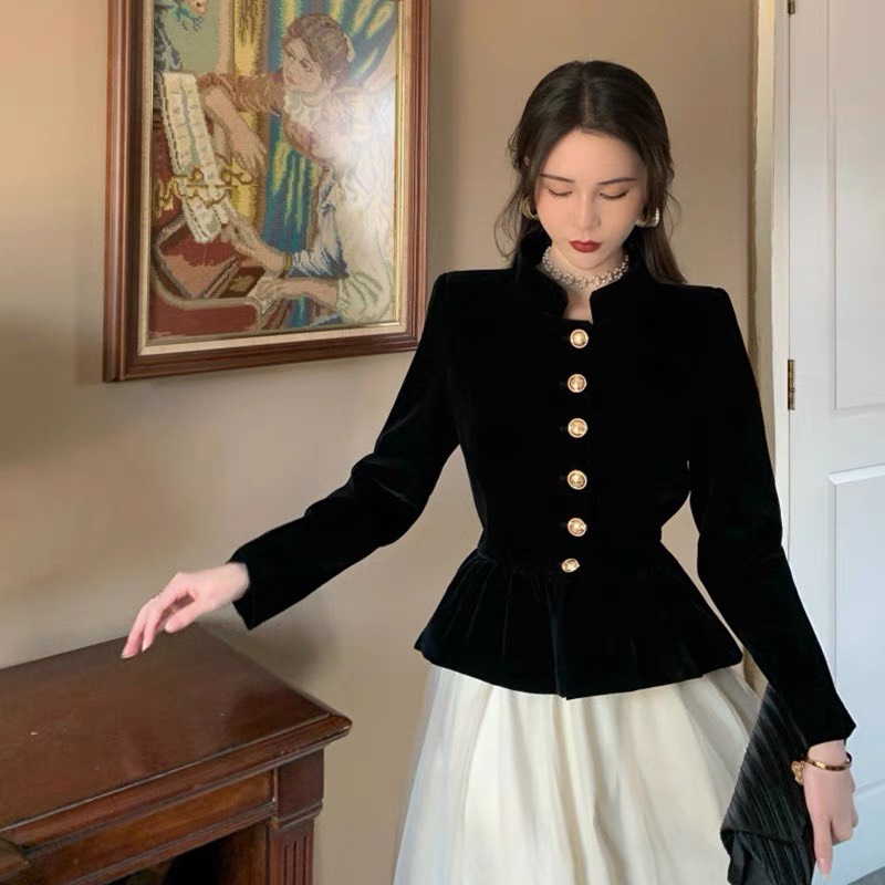 [ ẢNH THẬT] ÁO NHUNG PEPLUM KHUY VÀNG SANG XỊN