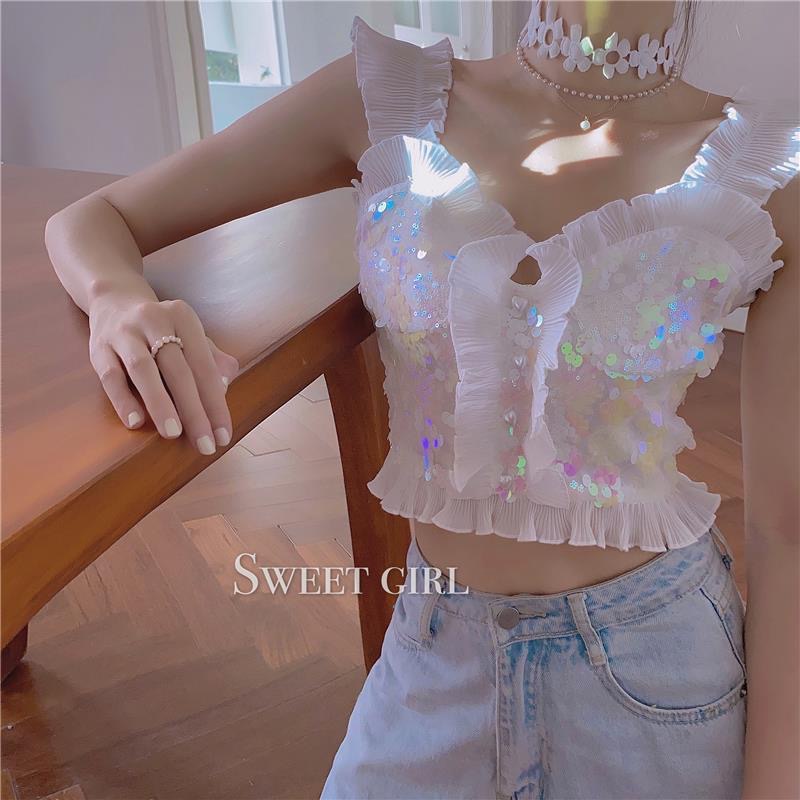 Áo Ngắn Không Tay Đính Kim Sa Gợi Cảm Thời Trang Mùa Hè Dành Cho Bạn Nữ
