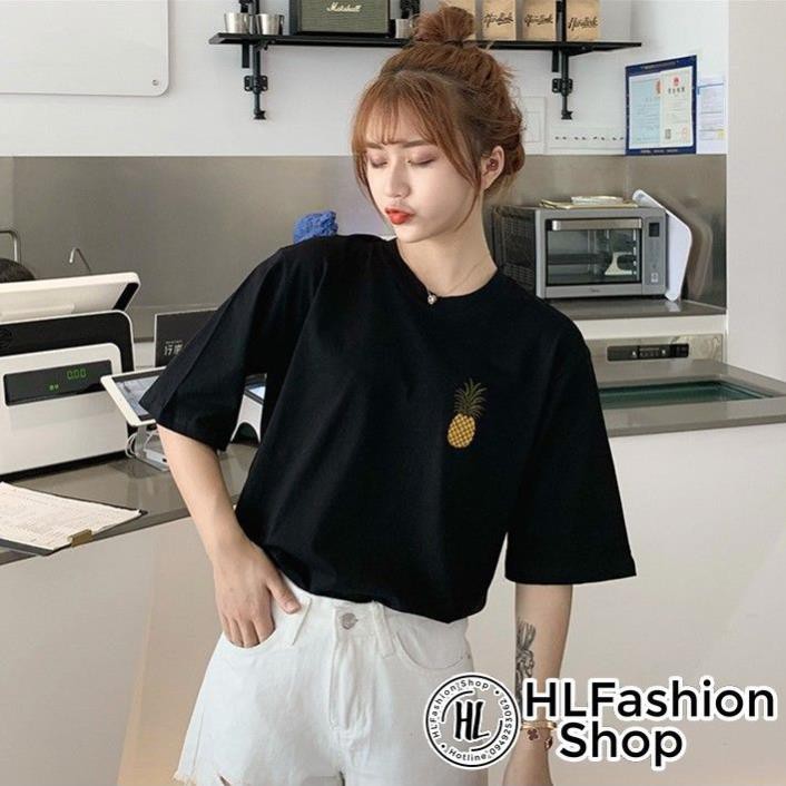 Áo thun tay lỡ form rộng thêu hình quả dứa rất xinh, áo phông form rộng size HLFashion *