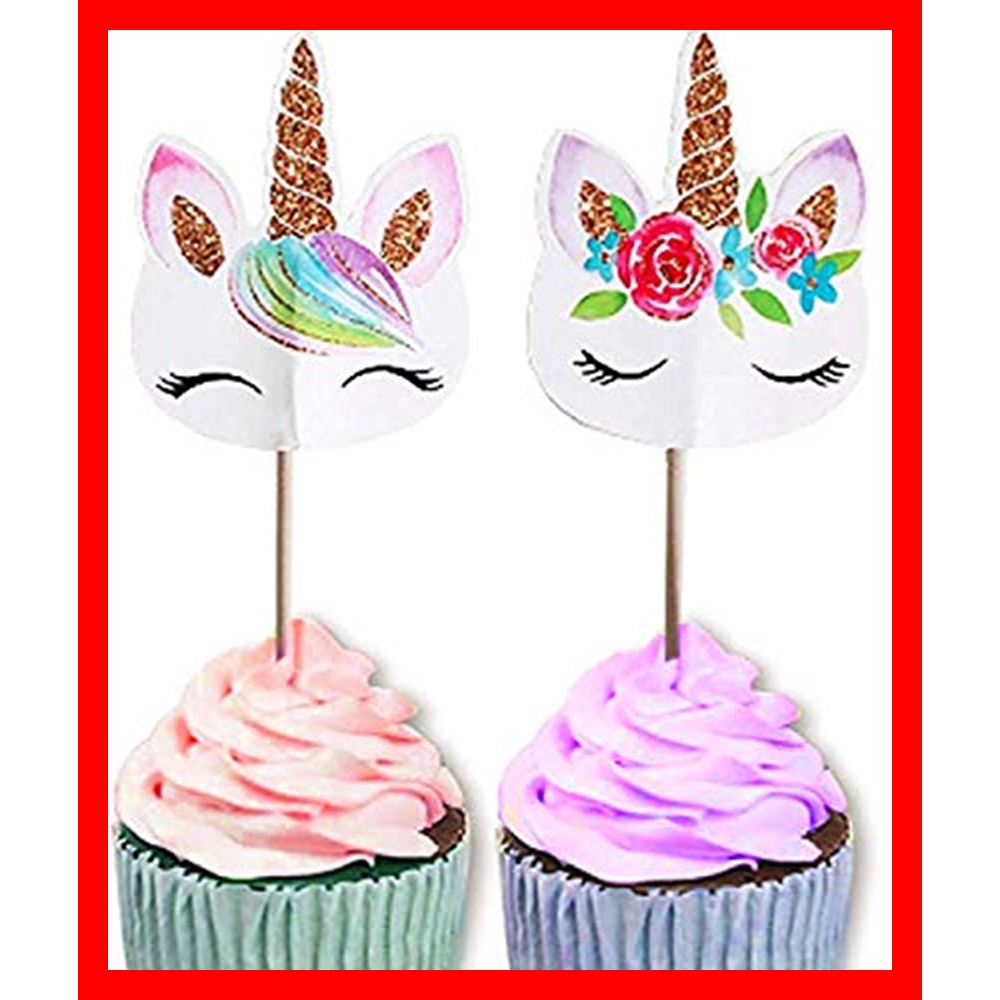 Set 48 que cắm in hình kỳ lân và cầu vồng dùng trang trí bánh cupcake