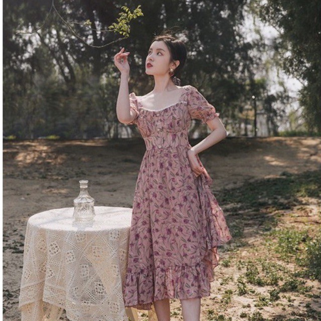 taobao♥️ ĐẦM HOA TIỂU THƯ CỔ ĐIỂN TAY BỒNG