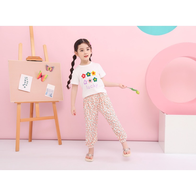 Áo thun cotton trẻ em cho bé nữ Bông hoa in lỏng tay áo ngắn