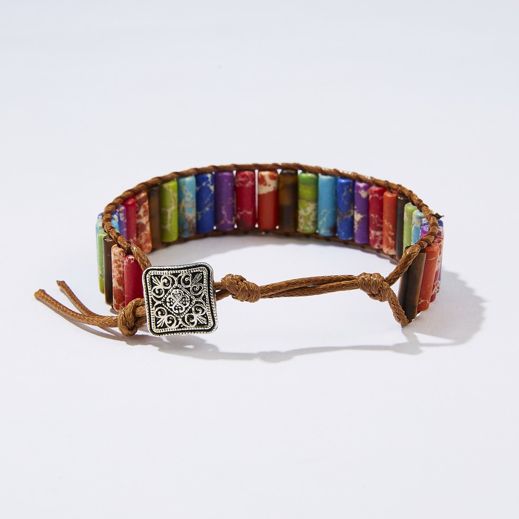 Vòng đeo tay RINHOO dây da đính hạt đá vuông kim loại chạm khắc tinh xảo thời trang