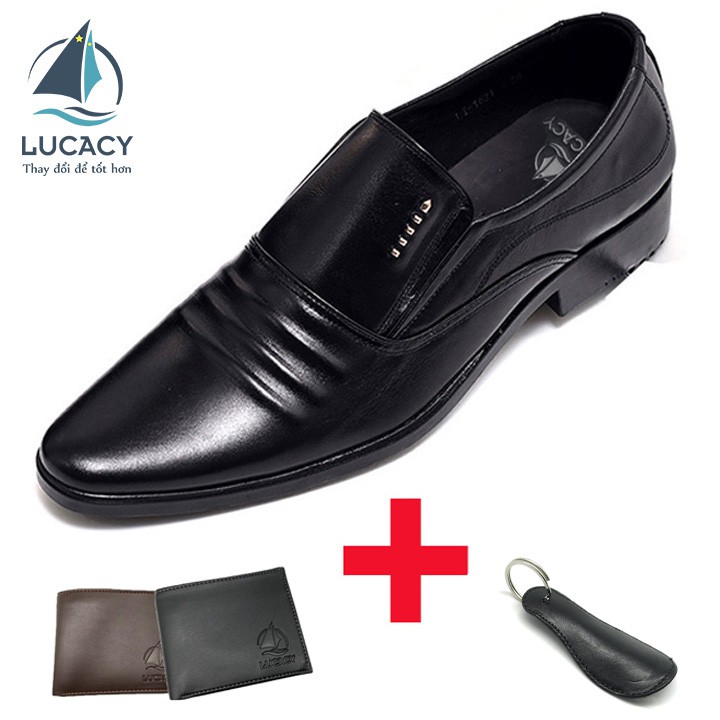 Combo giày công sở nam Lucacy da thật họa tiết 3 gân + 1 ví da Lucacy + 1 đón gót hanmade da thật