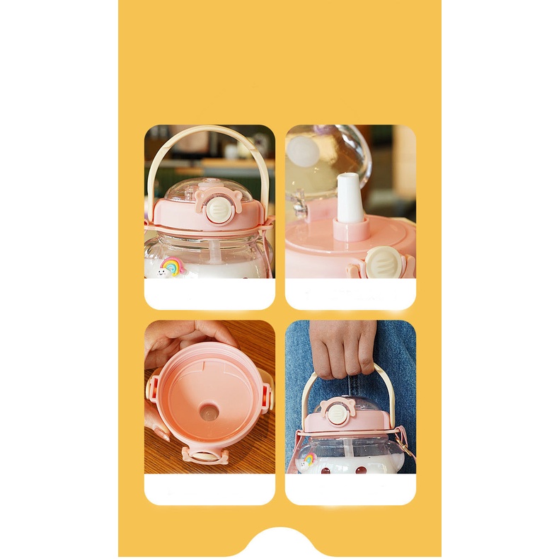Bình nước nhựa con gấu 1,1l có ống hút và dây đeo cá tính có thể mang đi, đựng sữa nước.