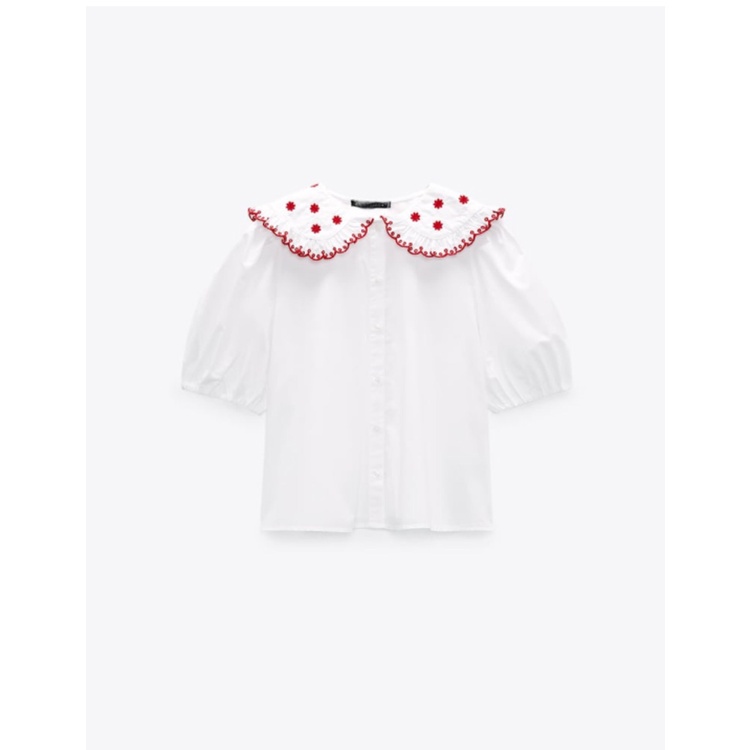 Zara Áo Sơ Mi Trắng Tay Phồng Thêu Họa Tiết Thời Trang Mùa Hè Cho Nữ 0881425Áo blouse