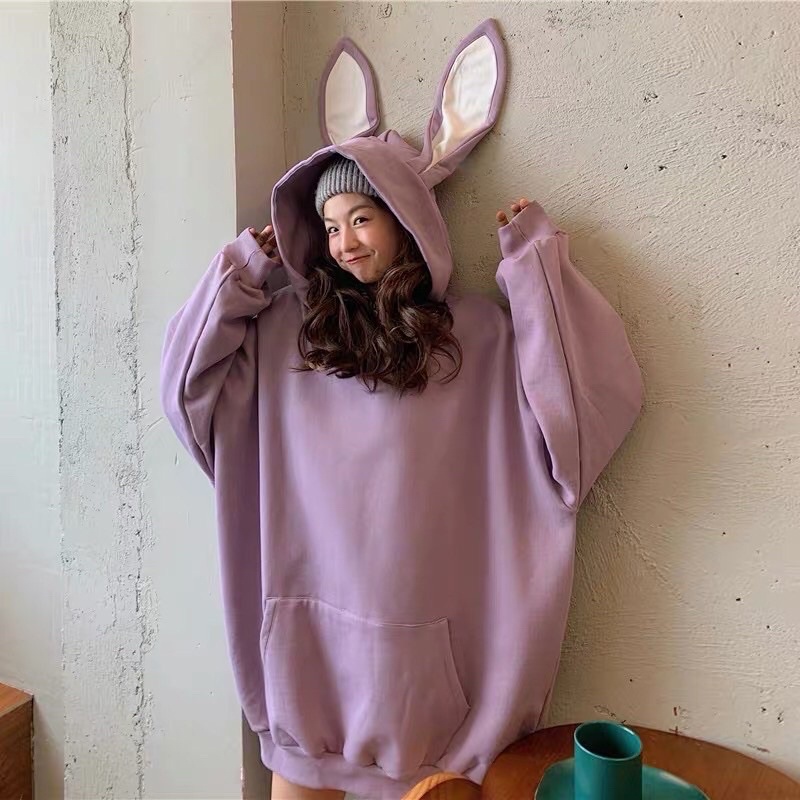 Áo hoodie tai thỏ lót nỉ bông hai màu hồng tím ulzzang SIZE M