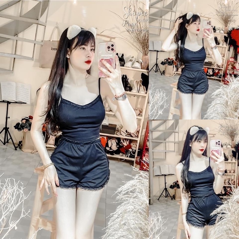 Set bộ ngủ áo 2 dây kèm quần đùi phối ren - A5PB8U