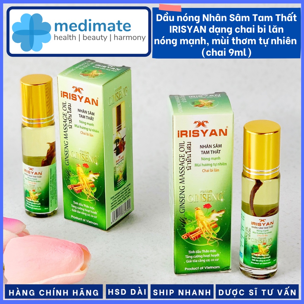 Dầu Nhân Sâm Tam Thất IRISYAN chai bi lăn nóng mạnh, mùi thơm tự nhiên (chai 9ml)