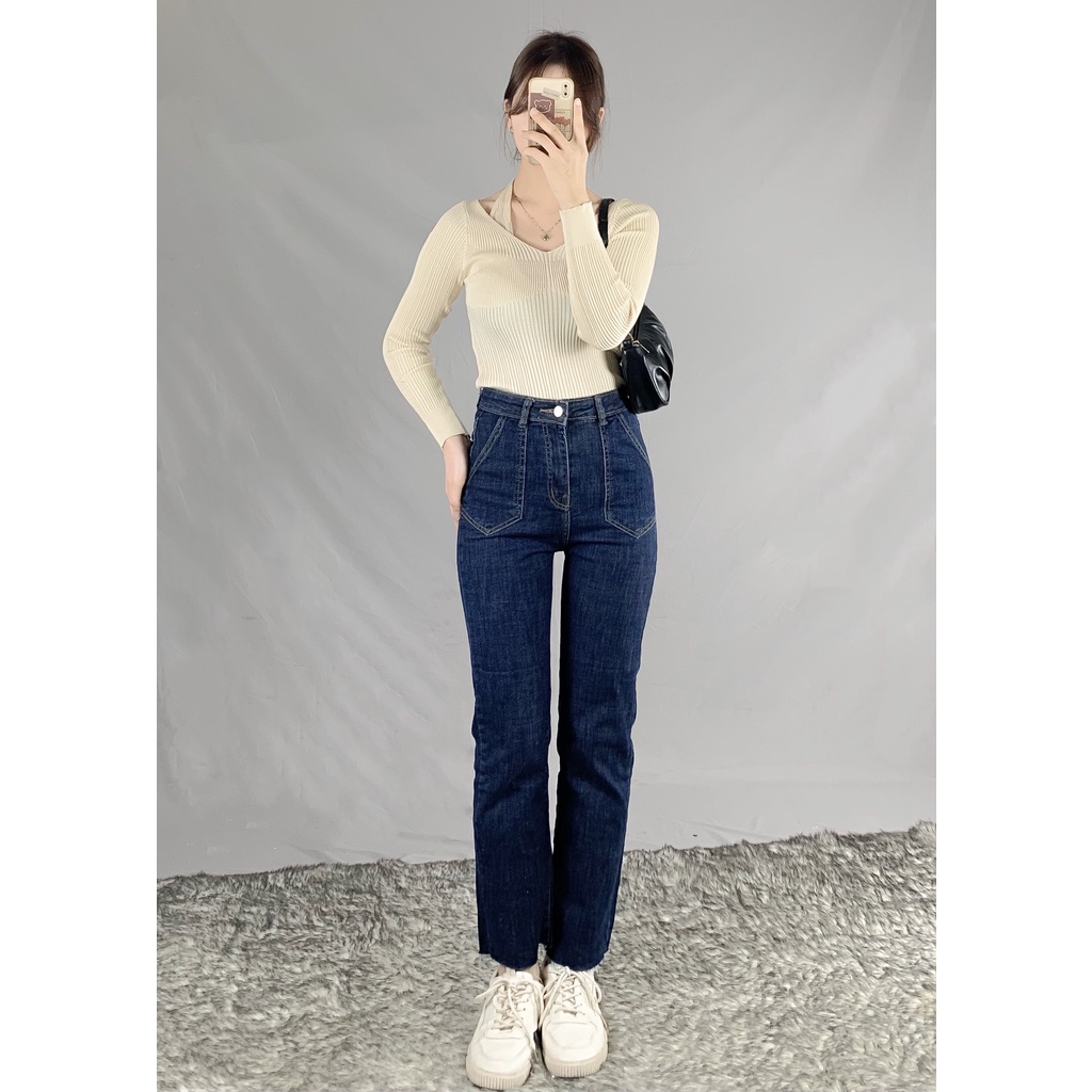 Quần bò ống rộng quần jean bò ống đứng jeans nữ cạp cao ống đứng phong cách Hàn Quốc Q9013 Dora Style