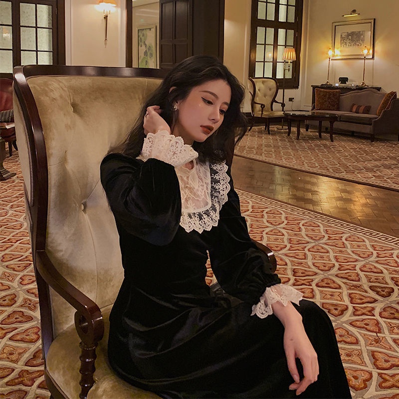 [F &amp; X Selection] Đầm Nhung Đen Ghép Vải Ren Dáng Dài Kiểu Pháp Thời Trang Thu Đông Mới Cho Nữ