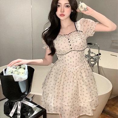 Đầm ZHELIHANGFEI tay phồng cổ vuông họa tiết hoa thời trang dành cho nữ