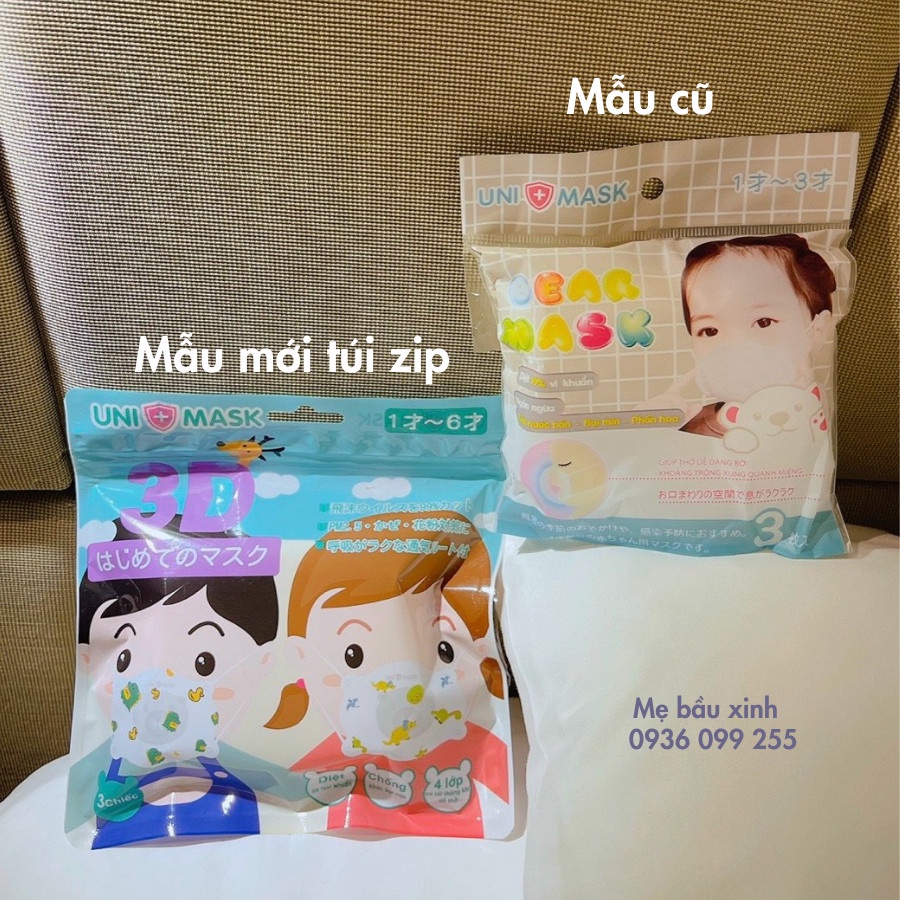 Sỉ 1 thùng 36 chiếc khẩu trang Chicmom gấu 3D cho bé từ 0-3 tuổi cao cấp Unimask, dây có nút điều chỉnh