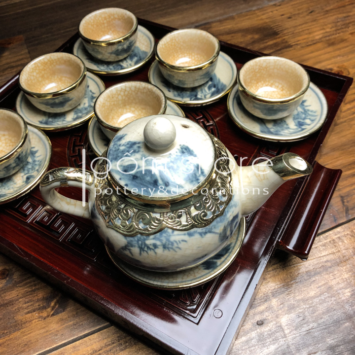 Chén lẻ men rạn giả cổ bọc đồng gốm sứ Bát Tràng