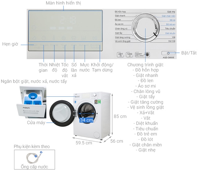 [ELHAL5 giảm 7% tối đa 1TR] Máy giặt Aqua Inverter 8.5 kg AQD-D850E W (Miễn phí giao tại HCM-ngoài tỉnh liên hệ shop)