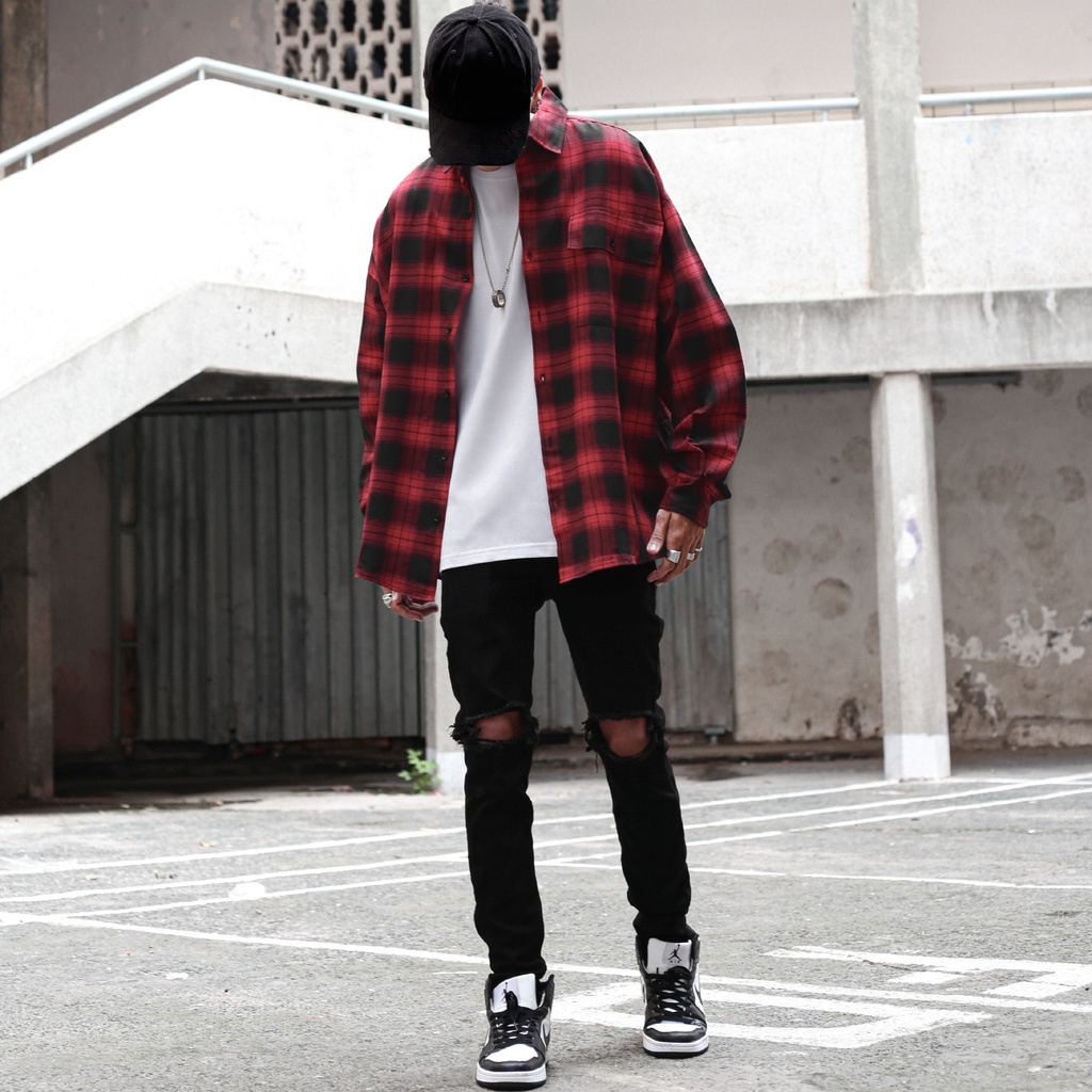 Áo Sơ Mi Flannel Màu Đỏ Sọc Tím Form Rộng Thoải Mái Chất Liệu Cotton Thoáng Mát