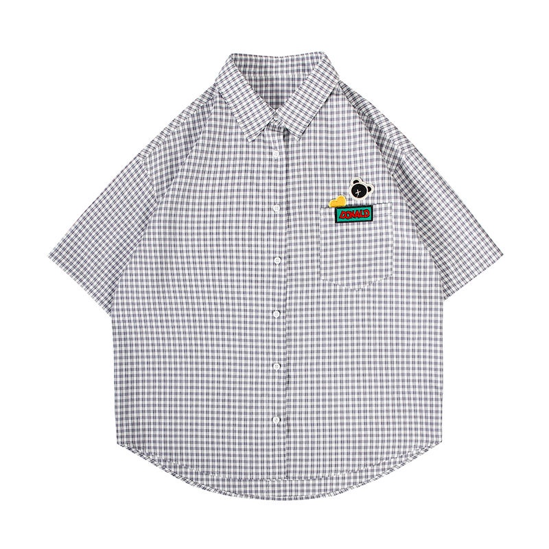 Áo sơ mi tay ngắn kẻ sọc vuông thêu họa tiết gấu đáng yêu thời trang dành cho nữ