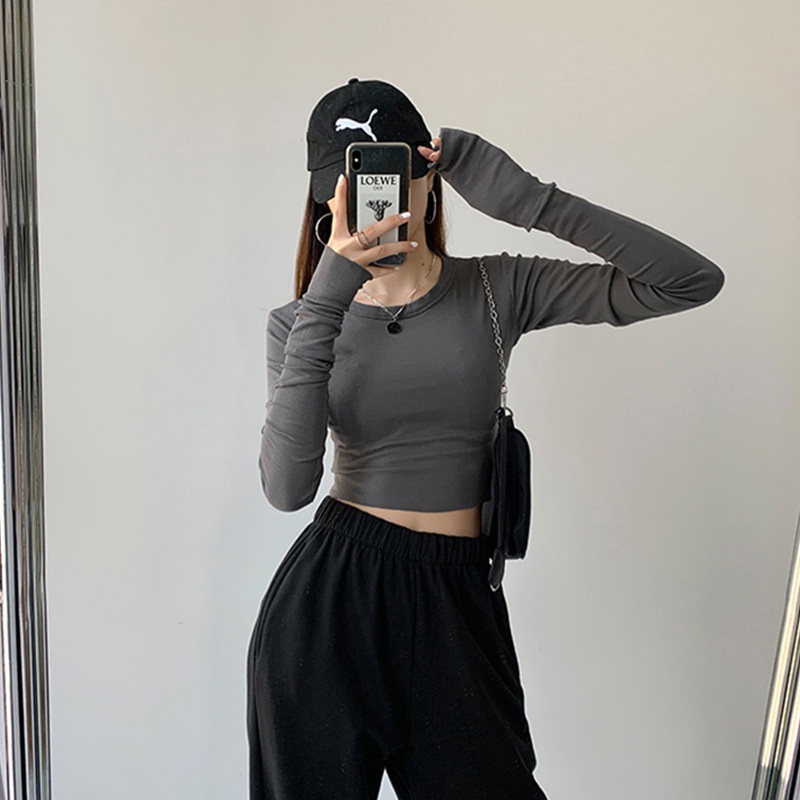 WANG JIAO ZHAN Áo crop top tay dài màu sắc thời trang cho nữ