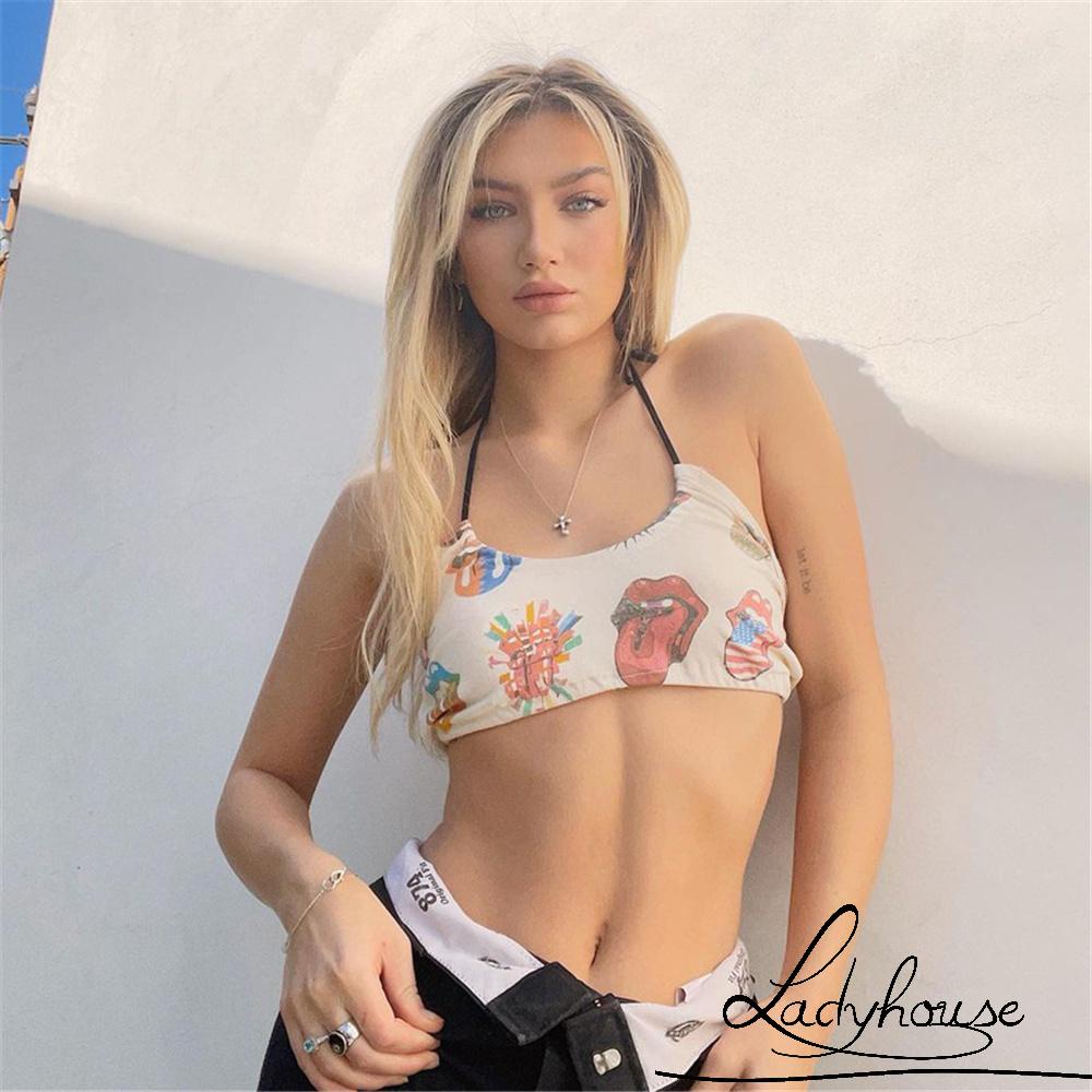 Áo Croptop Hai Dây Hở Lưng Dáng Ôm In Họa Tiết Thời Trang Cho Nữ