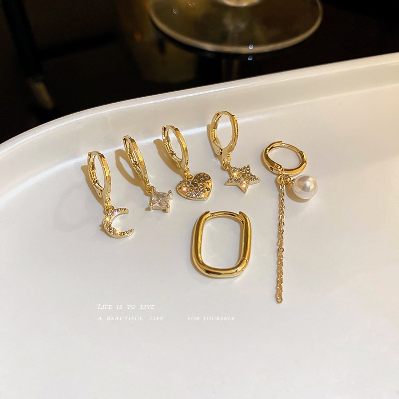 6 CÁI / BỘ Bông Tai Mạ Vàng Nữ Ngọc Trai Bông Tai Bông Tai Sao Và Mặt Trăng Bông Tai Thời Trang Bông tai cho cô gái