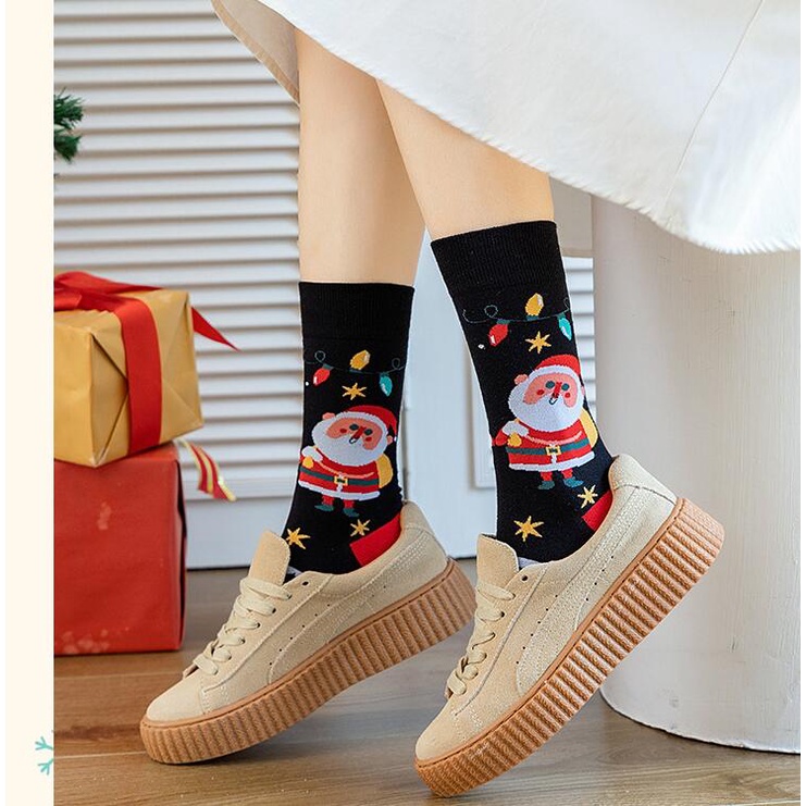 Vớ WAFNHA D648 vải cotton in họa tiết Giáng sinh sáng tạo