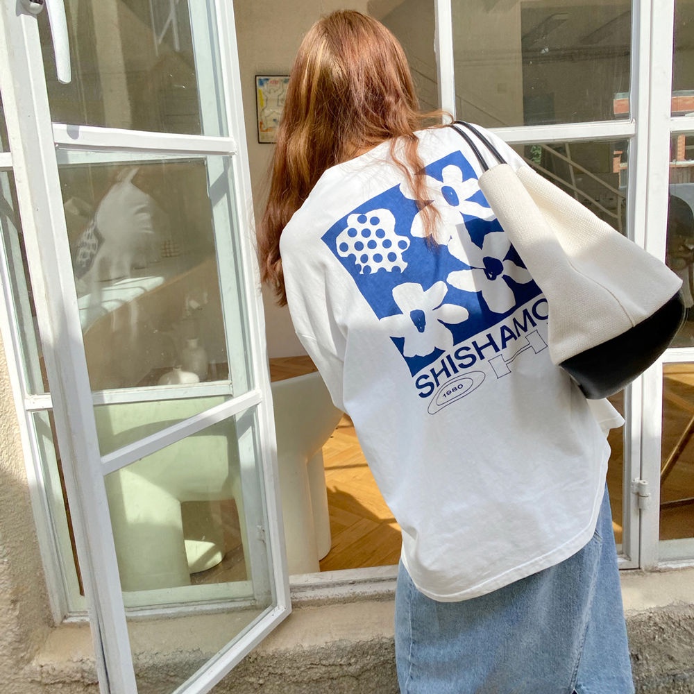 Áo Thun 100% Cotton Tay Dài Dáng Rộng In Họa Tiết Sau Lưng Thời Trang Cho Nữ