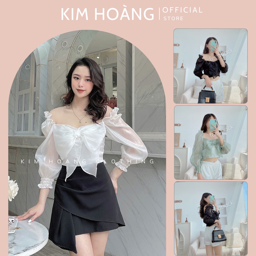 Áo Trễ Vai Bèo Thắt Nơ Kim Hoàng Clothing Áo Tay Bồng Màu Trắng (CUPID TOP)