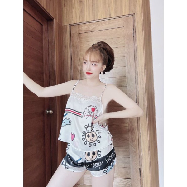 Bộ lụa hai dây nơ đùi phối ren họa tiết xinh xắn