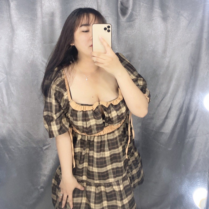 BIGSIZETIX Đầm caro tay bí siêu xinh 50-90kg hình mẫu thật 100%