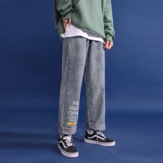 Quần jeans nam nữ ống suông phong cách Hàn Quốc có chữ