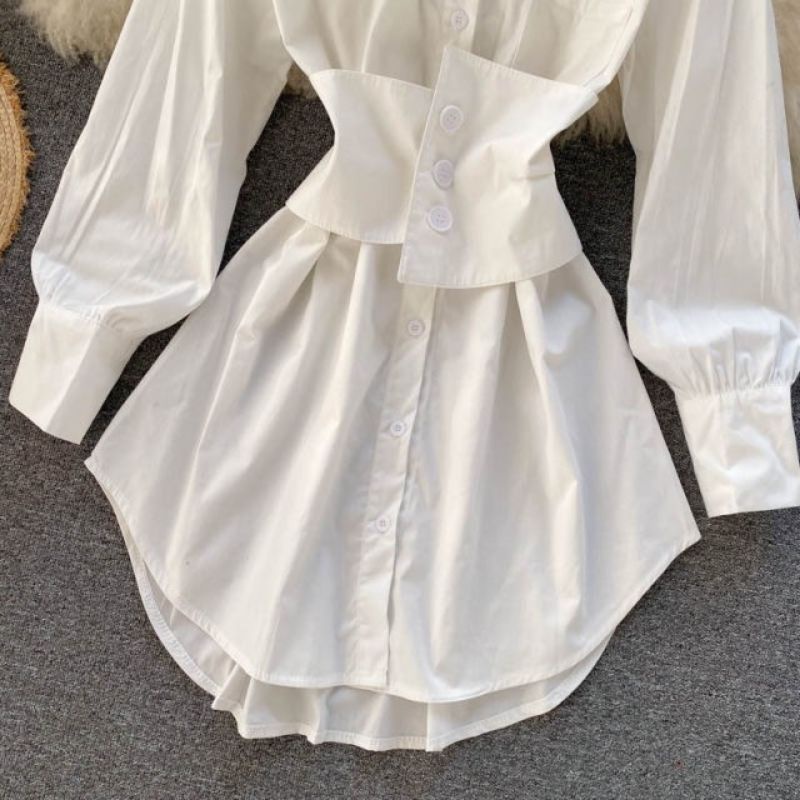 Áo sơmi form dài giấu quần  + Belt bó eo có chun sau lưng